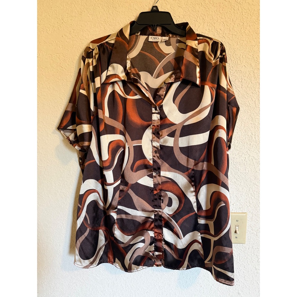 Cato Woman Brown Abstract Swirl Satin Button Down Blouse Plus Size 26/28W 26 28W